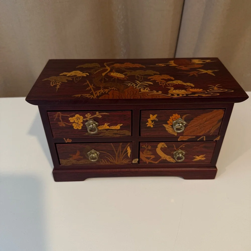 Vintage‎ Japanese Yosegi Zaiku Marquetry Wood Jewelry Box 4 Drawer Crane Inlay